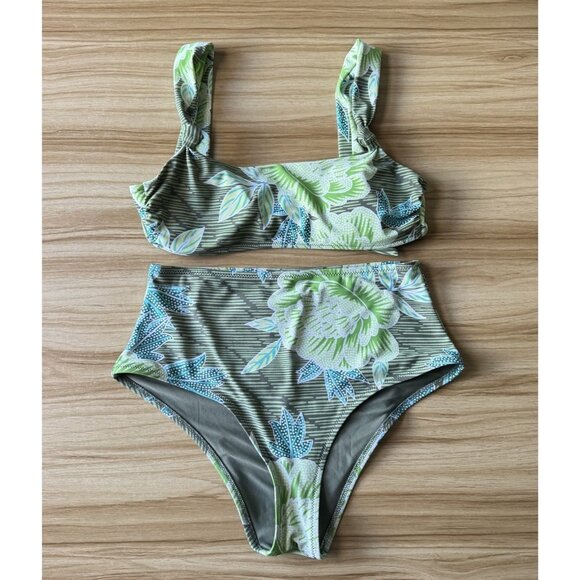 Aerie Bikini Swimsuit M 2 Piece High Waist Rise Green Floral Padded Tropical - Picture 1 of 8